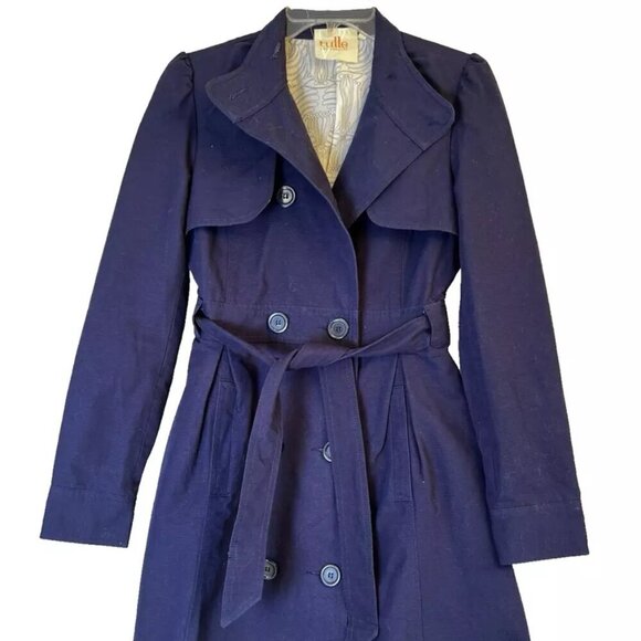 Anthropologie Tulle Navy Blue Belted Trench Coat Size Small (READ) - Picture 1 of 10
